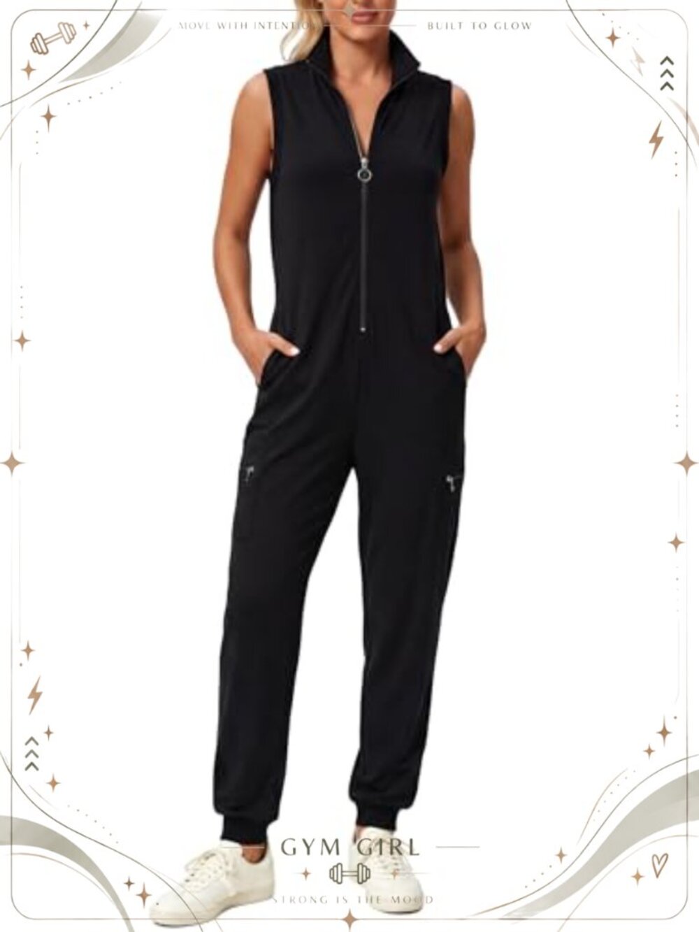Womens Sleeveless Athletic Jumpsuit Full Zip Casual Long Romper with Pockets